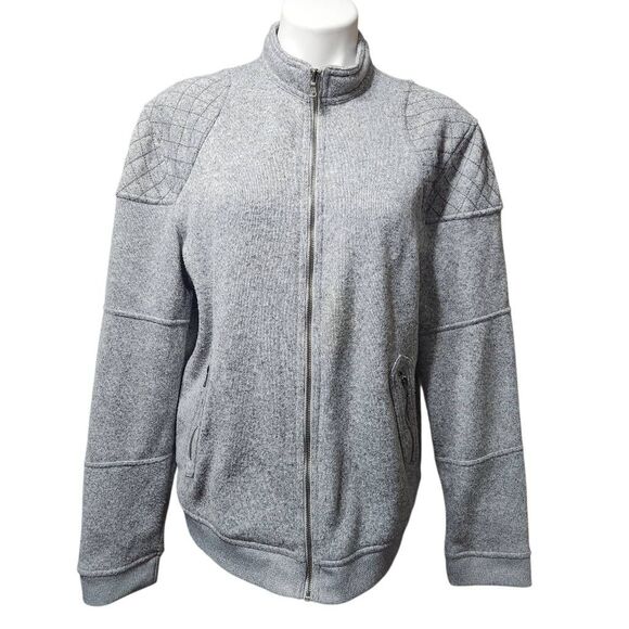 Rock & Republic zip front knit jacket gray quilted shoulders large mock neck - Picture 1 of 7
